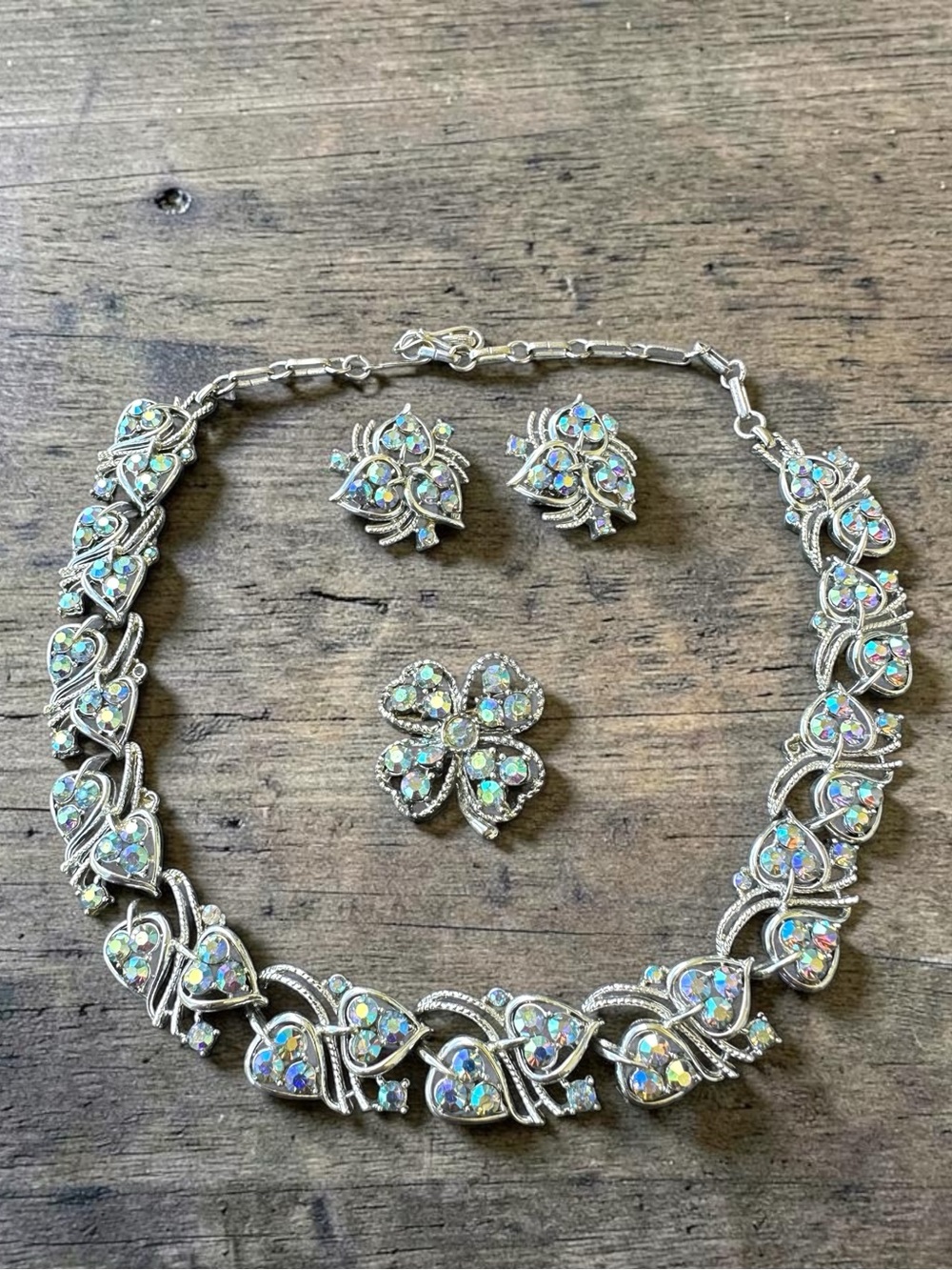Vintage Signed Coro AB Rhinestone Necklace & Clip Earrings Set with Matching Uns